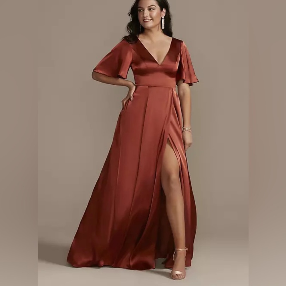 David's Bridal Galina Signature Charmuese Maxi Dress in Cinnamon Red with V-Neck